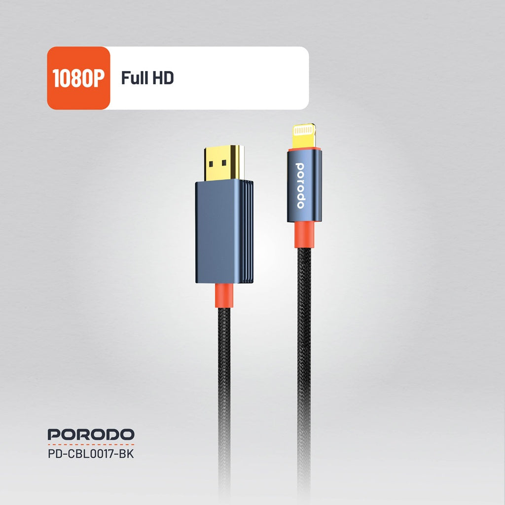 كيبل لايتننغ الى اج دي ام اي من بورودو بنسيج معدني - اسود | Porodo Alum. Alloy Woven Cable Lightning to HDMI 2m – Black
