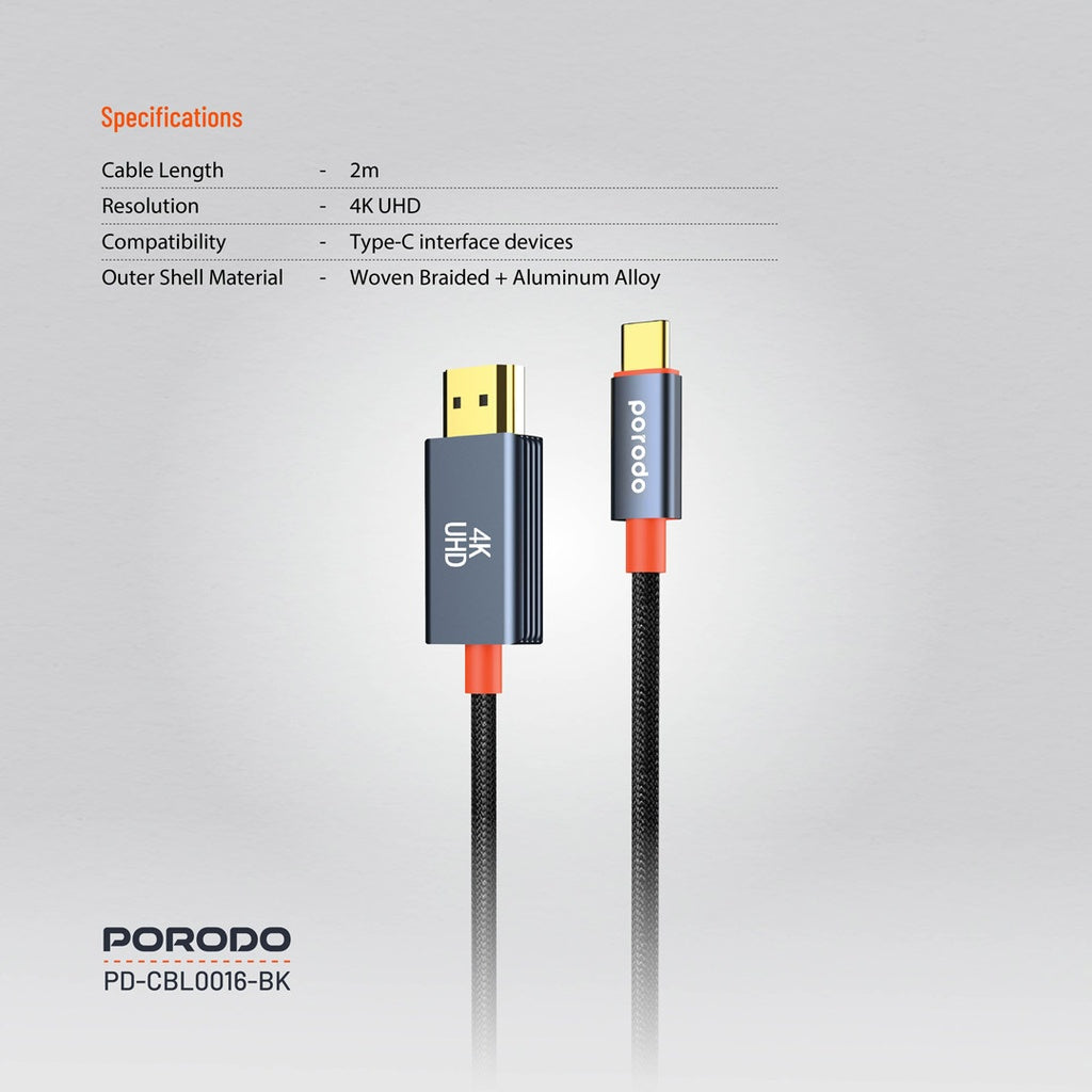 كيبل بورودو من تايب سي الى اج دي ام اي بطول 2 متر - اسود | Porodo Alum. Alloy Woven Cable Type-C to HDMI 2m – Black