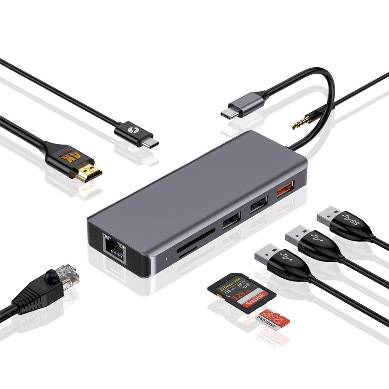 موزع يو اس بي سي بورودو 9 في 1, متعدد المنافذ مع PD بقدرة 100 واط و منفذ HDMI وايثرنت - رمادي | Porodo 9-in-1 USB-C Hub with PD 100W, HDMI, Ethernet, USB, SD, and 3.5mm Aux – Grey