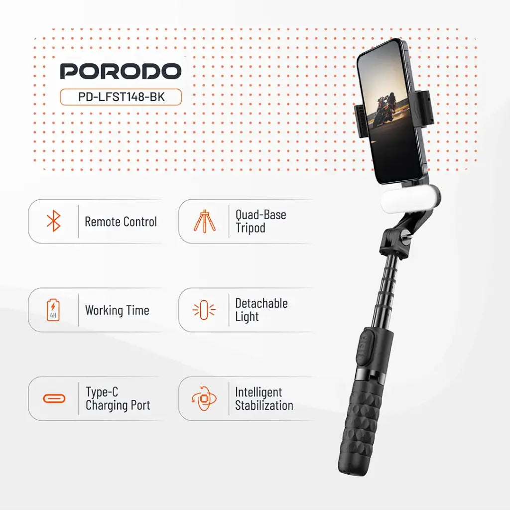 مثبت كاميرا جيمبال بورودو كوادبيس - أسود | Porodo QuadBase Gimbal Stabilizer - Black