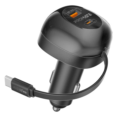 Promate PowerDrive-RC65 شاحن سيارة 62 واط بكيبل USB-C مدمج ينسحب - صورة أمامية