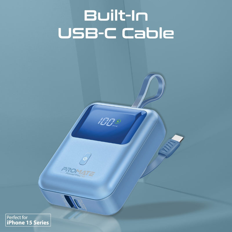 Promate PowerPod-10 Power Bank 10000mAh 35W Built-In USB-C Cable Blue-Angle