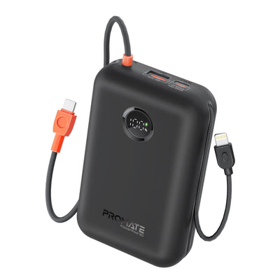 Promate PowerPod-30 Power Bank 30000mAh Built-In Cables Black-Front