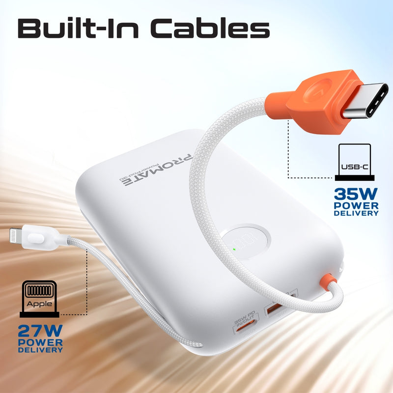 Promate PowerPod-30 Power Bank 30000mAh Built-In Cables White-Angle