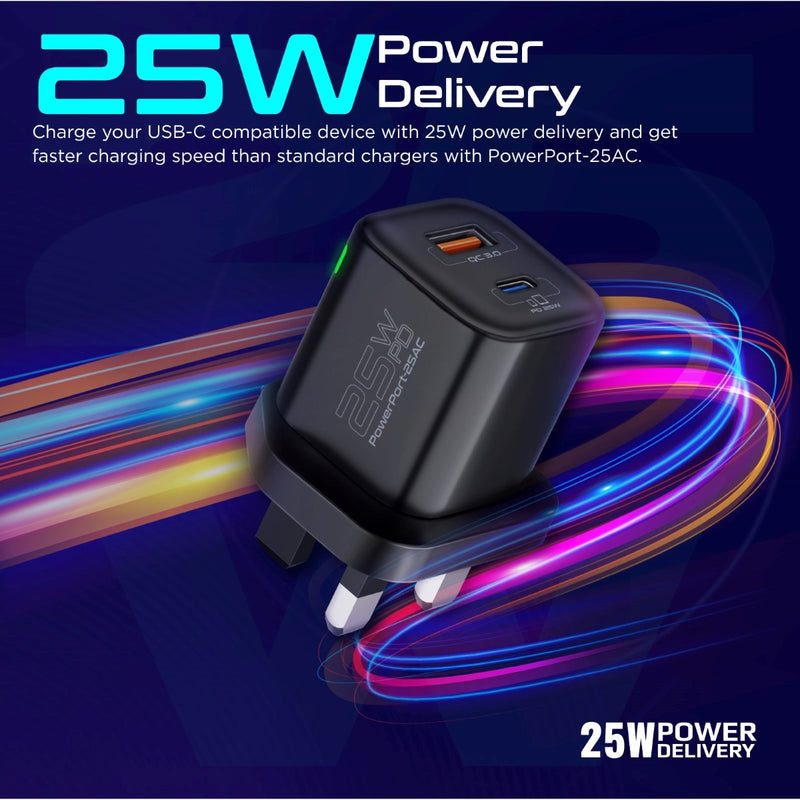Promate PowerPort-25AC Black USB-C and USB-A port layout close-up