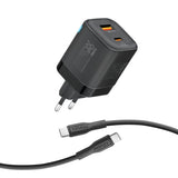 شاحن جداري 25 واط بمنفذين مع كيبل USB-C بقوة 60 واط | Promate PowerPort-25CC 25W Dual Port Adapter Combo with 60W Fast Charging USB-C Cable - Black