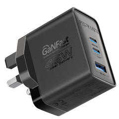 Promate PowerPort-45 Black 45W GaNFast triple-port UK plug charger - main view