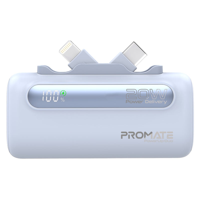 Promate PowerUp-Duo Mini Power Bank 5000mAh Foldable Connectors Blue-Front