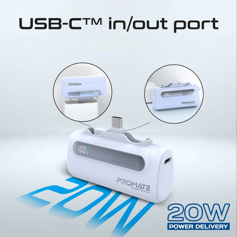 Promate PowerUp-Duo Mini Power Bank 5000mAh Foldable Connectors Blue-In Hand