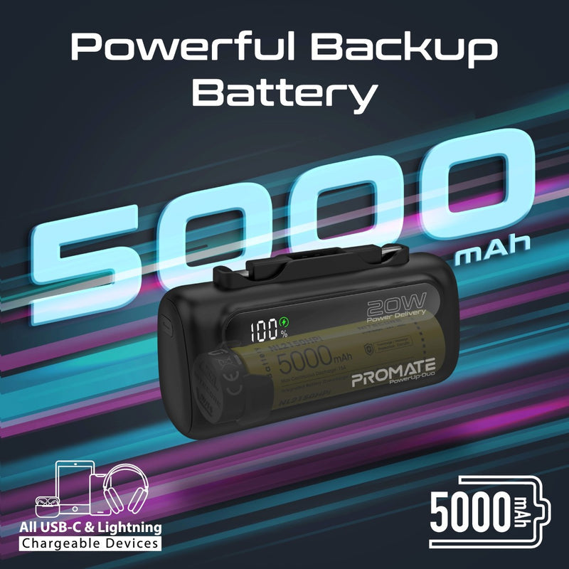 Promate PowerUp-Duo Mini Power Bank 5000mAh Foldable Connectors Black-Angle