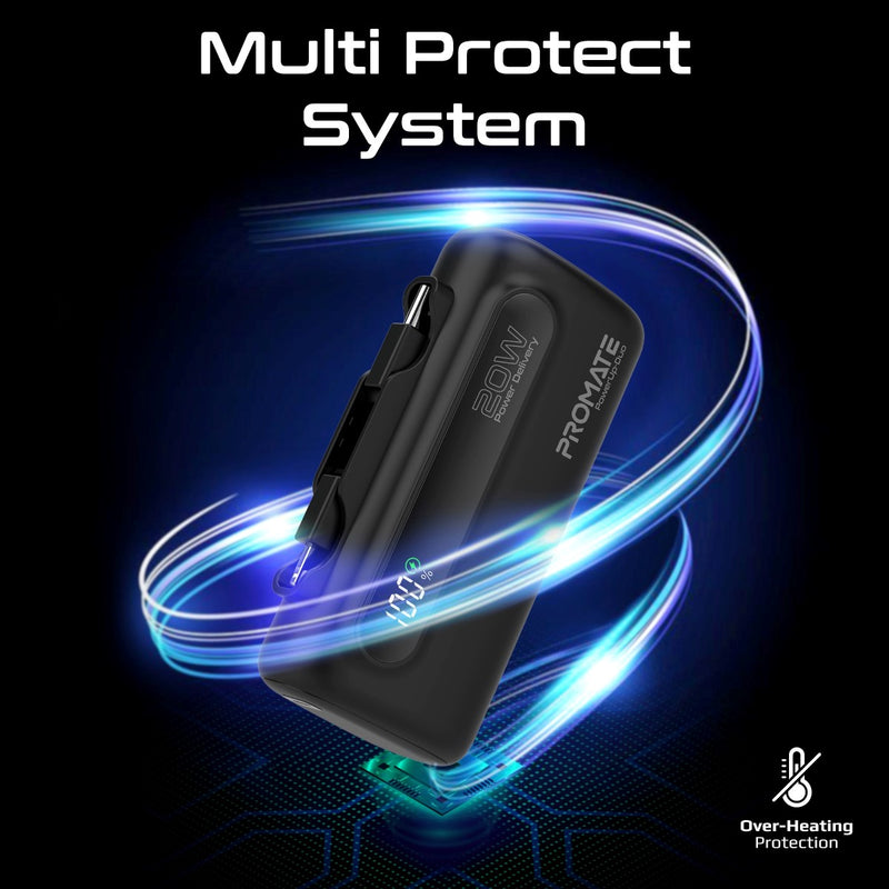 Promate PowerUp-Duo Mini Power Bank 5000mAh Foldable Connectors Black-LED Display