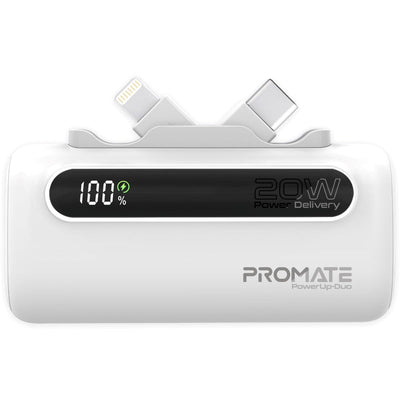 Promate PowerUp-Duo Mini Power Bank 5000mAh Foldable Connectors White-Front