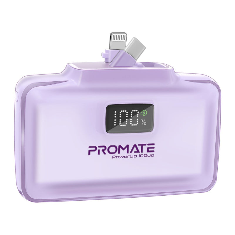 Promate PowerUp-10Duo Mini Power Bank 10000mAh Foldable Connectors Purple-Front