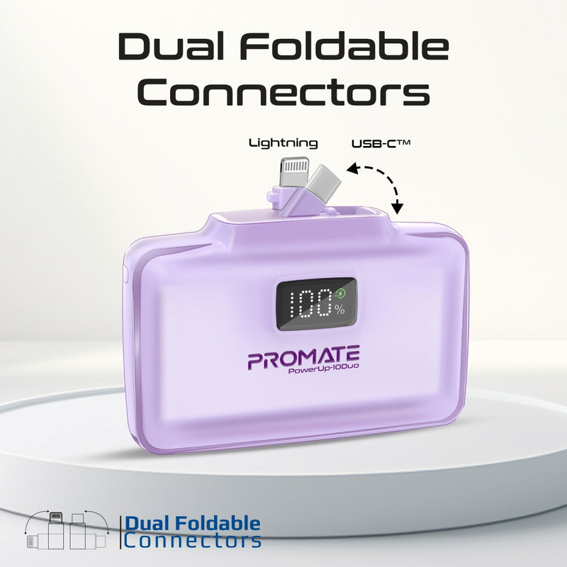Promate PowerUp-10Duo Mini Power Bank 10000mAh Foldable Connectors Purple-Connectors