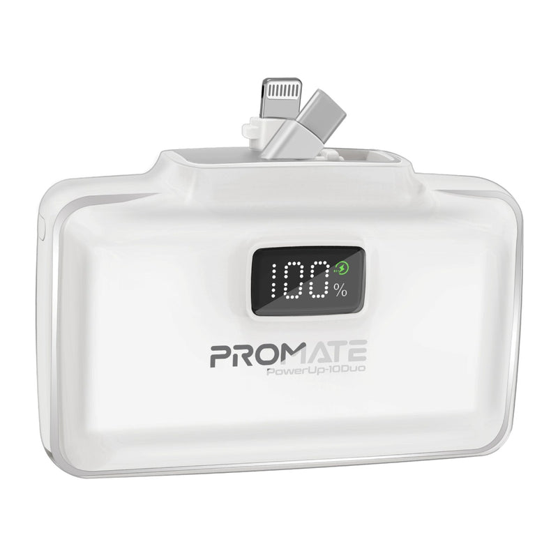 Promate PowerUp-10Duo Mini Power Bank 10000mAh Foldable Connectors White-Front