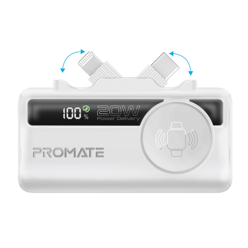 Promate PowerUp-Trio Mini Power Bank 5000mAh Foldable Connectors White-Front