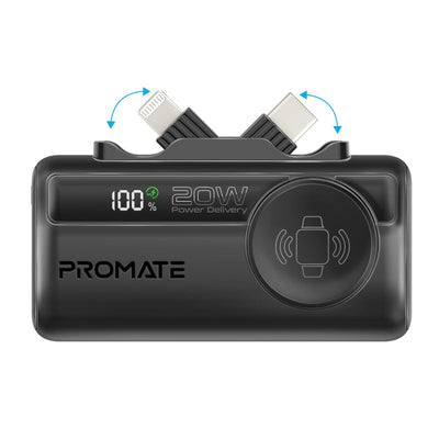 Promate PowerUp-Trio Mini Power Bank 5000mAh Foldable Connectors Black-Front