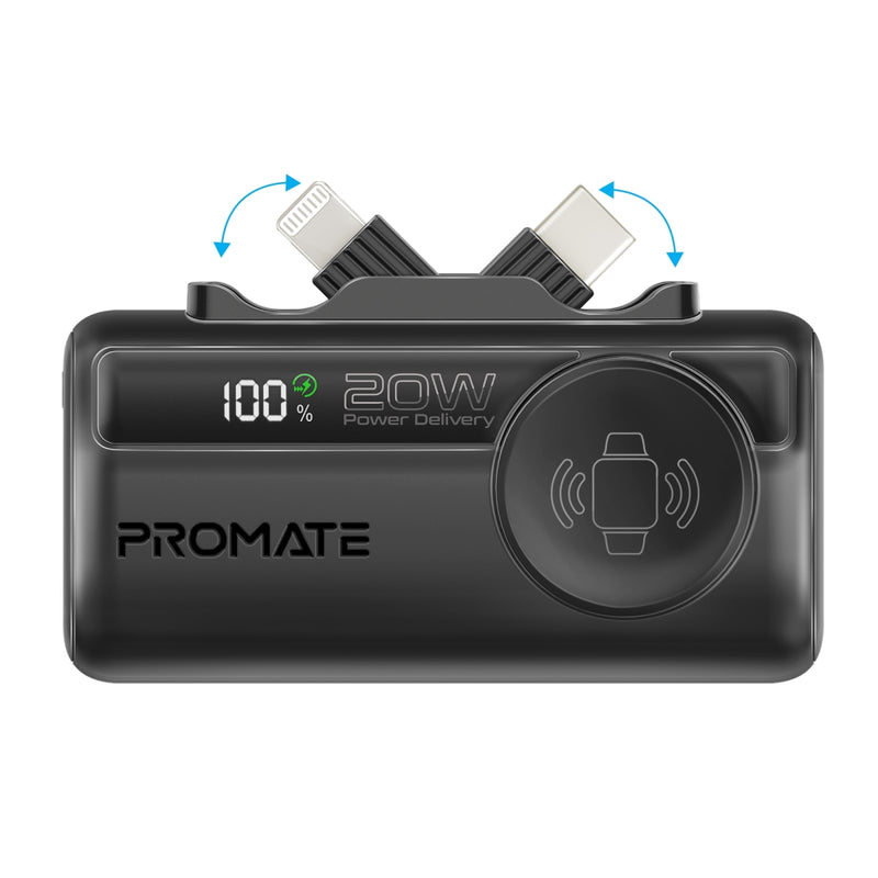 Promate PowerUp-Trio Mini Power Bank 5000mAh Foldable Connectors Black-Front