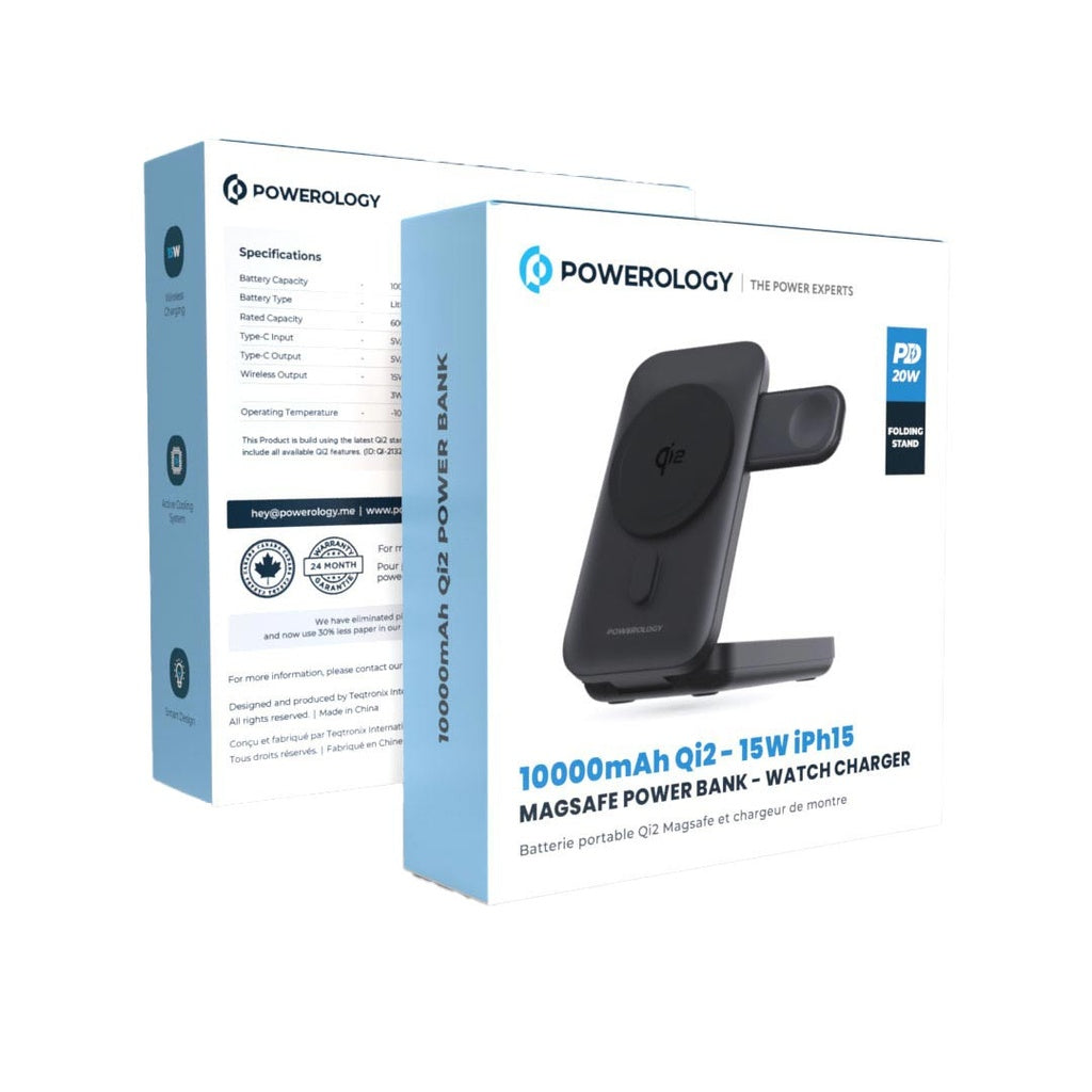 باور بانك ماغسيف باورولوجي 3 في 1 بسعة 10000 مللي امبير - اسود | Powerology 10000mAh 3 in 1 MagSafe Power Bank – Black.