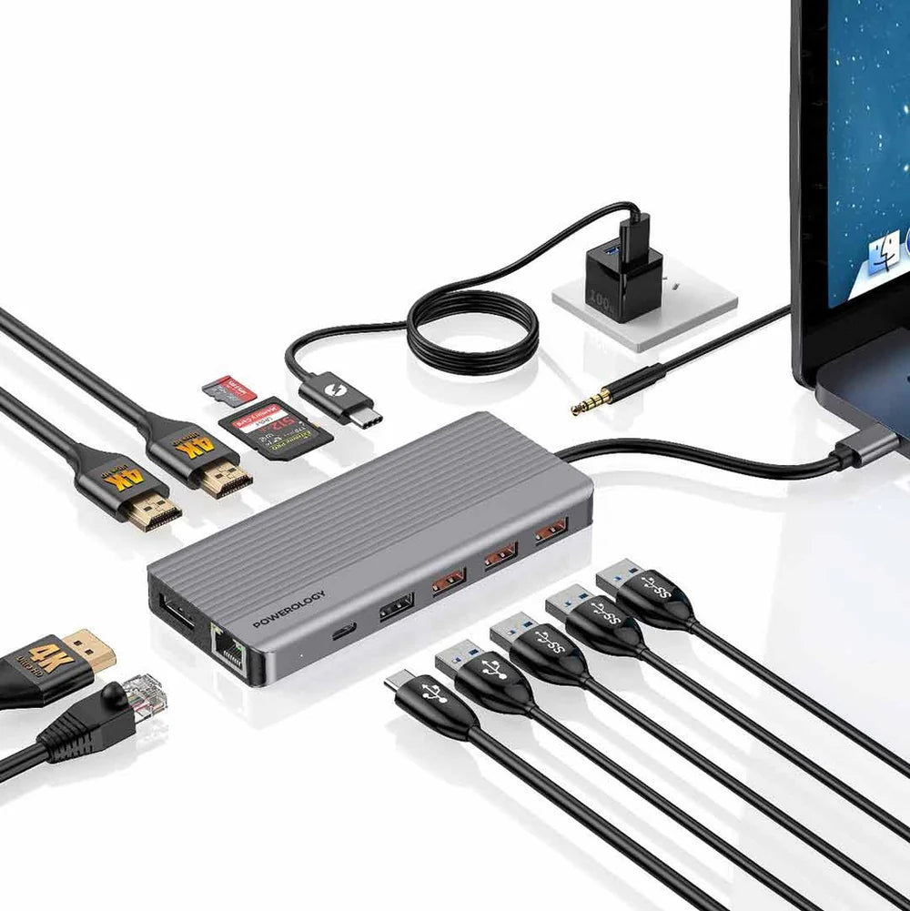 موزع باورولوجي 13 في 1, منفذ HDMI, USB, SD, Micro SD, ايثرنت ومنفذ صوت 3.5 ملم - رمادي | Powerology 13in1 USB-C Hub 4K HDMI Type-C 100W PD Ethernet USB SD MicroSD 3.5mm AUX – Dark Grey