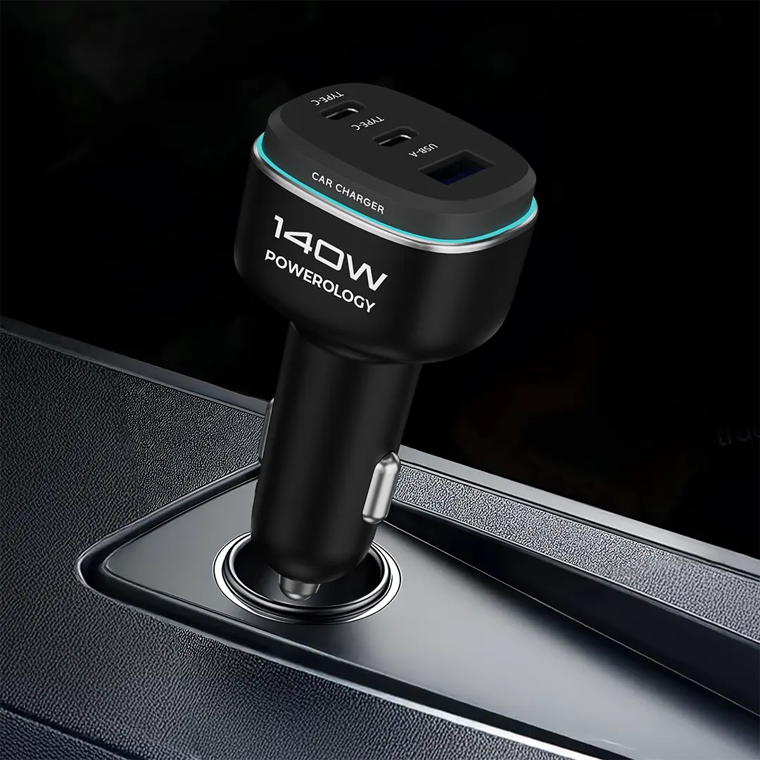 شاحن سيارة باورولوجي 140 واط ثلاثي المنافذ – شحن سريع USB-C و USB | Powerology 140W Triple-Port High Power Car Charger Fast Charging