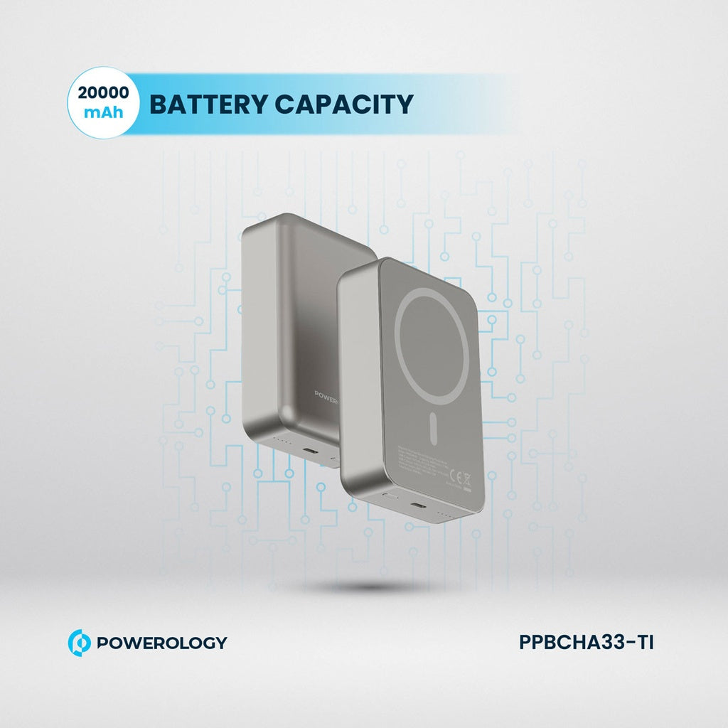 باور بانك باورولوجي المنيوم 20000mAh ومتوافق مع ماج سيف, شحن سريع 20 واط - رمادي | Powerology 20000mAh MagSafe Aluminum Power Bank – 20W PD – Grey.