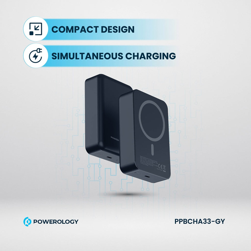 باور بانك باورولوجي المنيوم 20000mAh ومتوافق مع ماج سيف, شحن سريع 20 واط - رمادي | Powerology 20000mAh MagSafe Aluminum Power Bank – 20W PD – Grey.