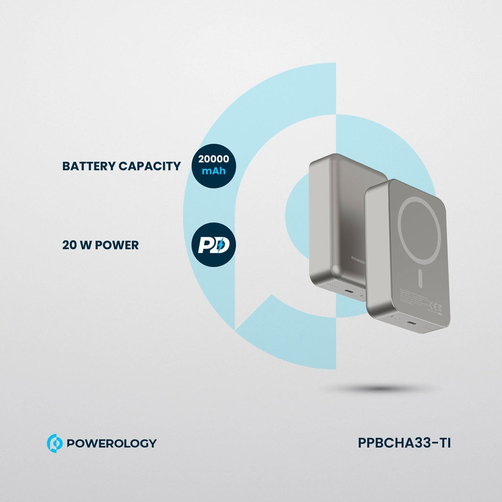 باور بانك باورولوجي المنيوم 20000mAh ومتوافق مع ماج سيف, شحن سريع 20 واط - رمادي | Powerology 20000mAh MagSafe Aluminum Power Bank – 20W PD – Grey.