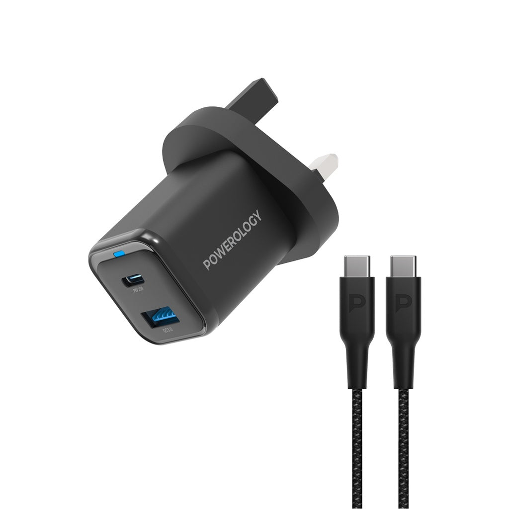 شاحن باورولوجي GaN 35 واط PD + QC بمنفذين USB-C و USB-A مع كابل Type-C 60W – UK | Powerology 35W GaN PD QC Charger USB-C + USB-A with 60W Type-C Cable UK Black