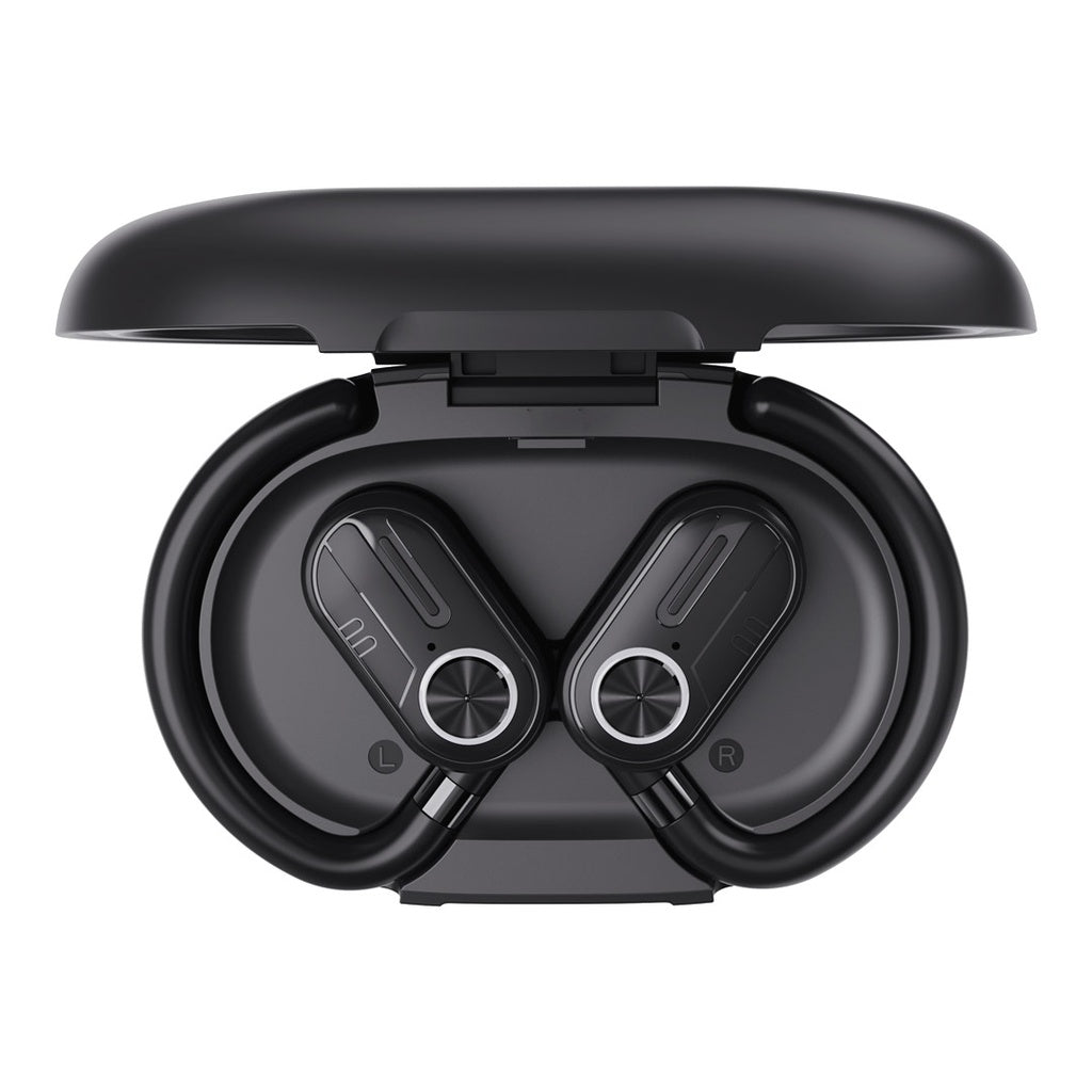 سماعات باورولوجي اللاسلكية بتقنية التوصيل الهوائي مع علبة شحن بشاشة عرض - اسود | Powerology ENC TWS Air Conduction Earbuds and Charging Case with Display 50mAh8 - Black.