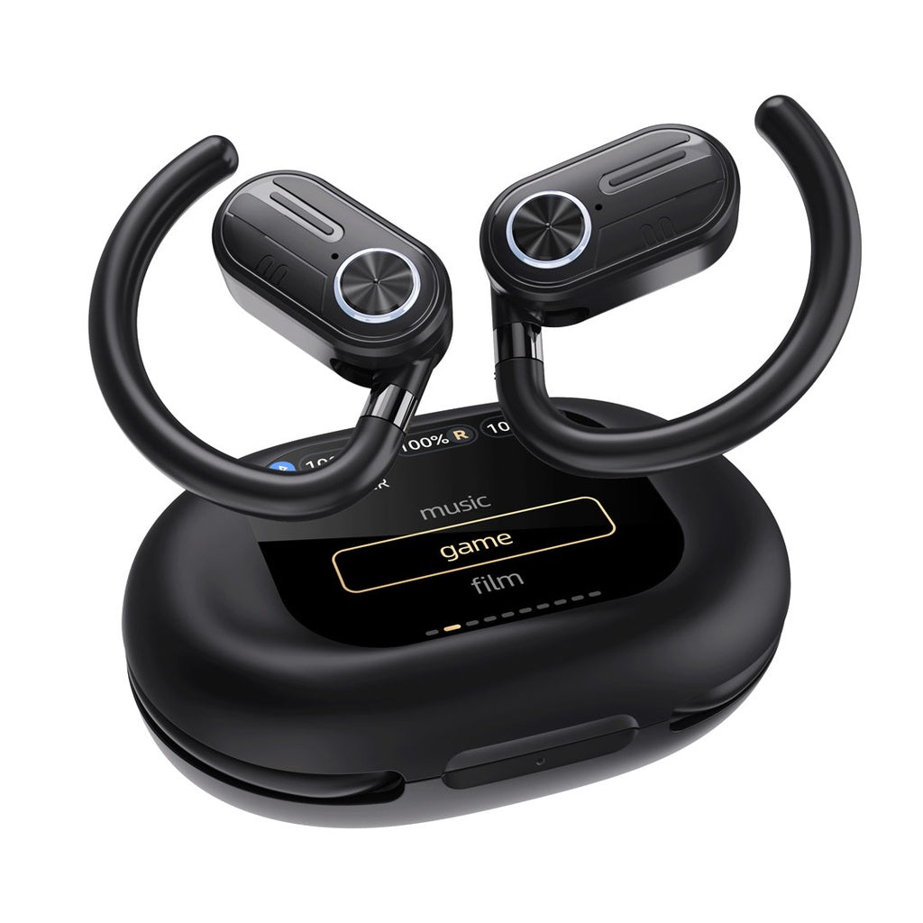 سماعات باورولوجي اللاسلكية بتقنية التوصيل الهوائي مع علبة شحن بشاشة عرض - اسود | Powerology ENC TWS Air Conduction Earbuds and Charging Case with Display 50mAh8 - Black.