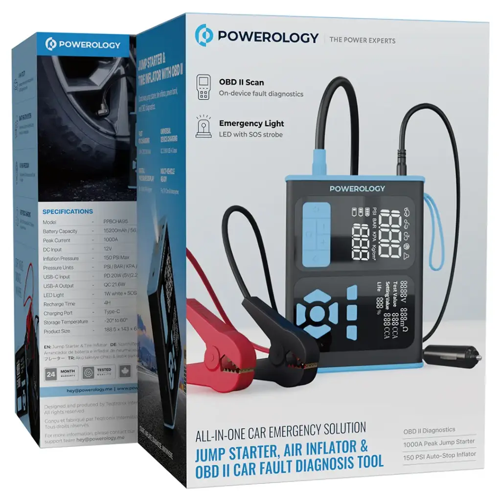 Powerology Jump Starter, Air Inflator & OBD II Car Fault Diagnosis Tool | بور أولوجي - جهاز تشغيل السيارة وضخ الهواء وتشخيص أعطال OBD II