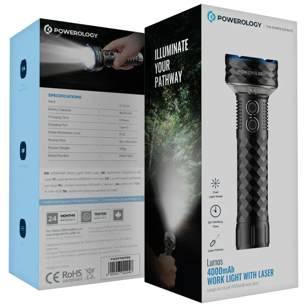 Powerology 3000LM COB+ SMD Work Light with Red Laser & Dimmable Function - Black | مصباح العمل Powerology Lumos بسعة 4000mAh - أسود