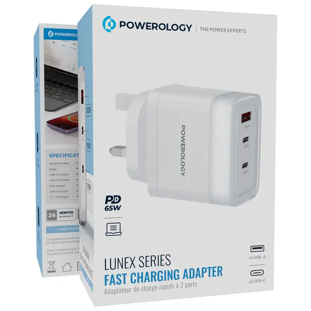 شاحن باورولوجي Lunex PD 65 واط USB-C شحن سريع – محول طاقة عالي للأجهزة واللابتوب | Powerology Lunex Series 65W PD Fast Charging USB-C Adapter