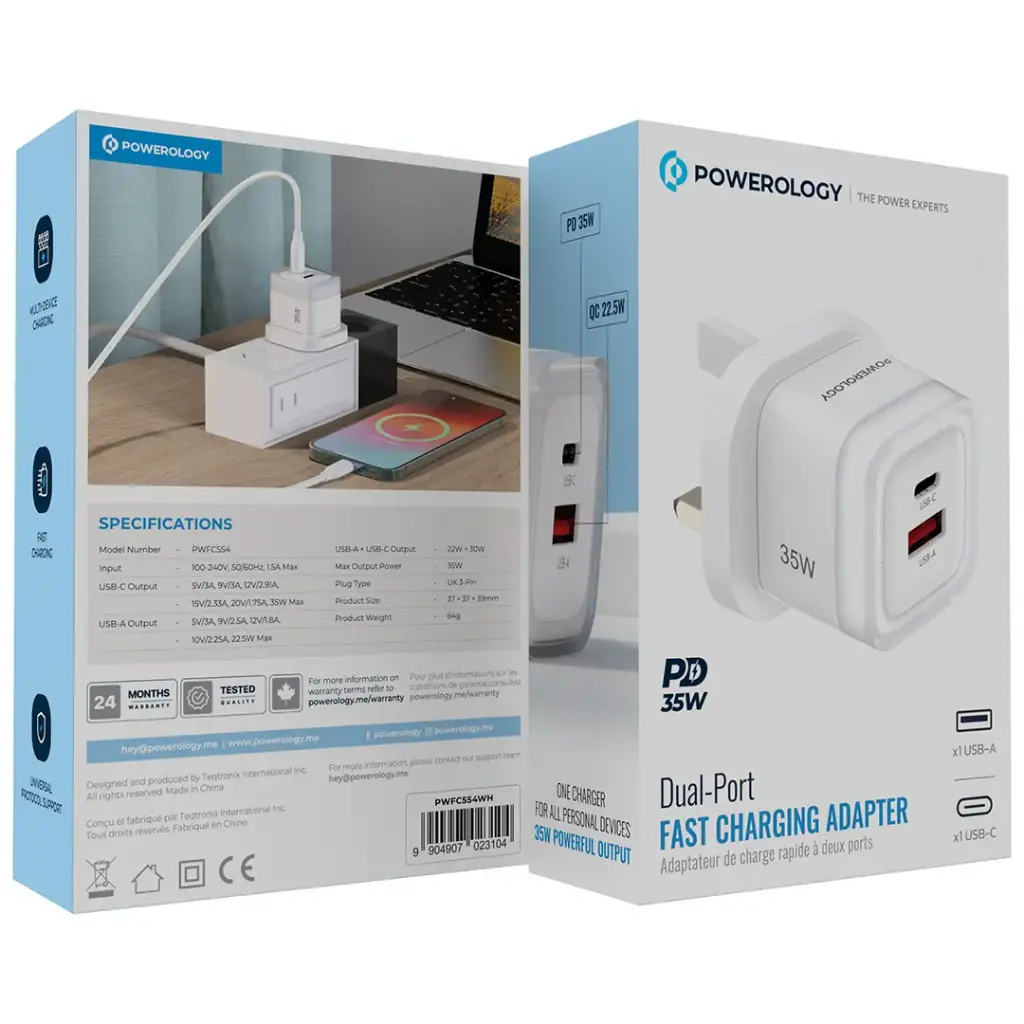 محول الشحن السريع الثنائي المنفذ من باورولوجي 35 واط | Powerology Dual-Port 35W Fast Charging Adapter