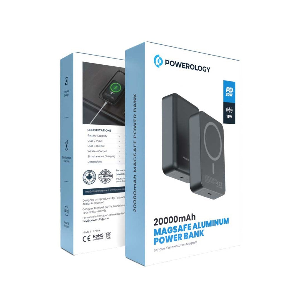 باور بانك باورولوجي المنيوم 20000mAh ومتوافق مع ماج سيف, شحن سريع 20 واط - رمادي | Powerology 20000mAh MagSafe Aluminum Power Bank – 20W PD – Grey.
