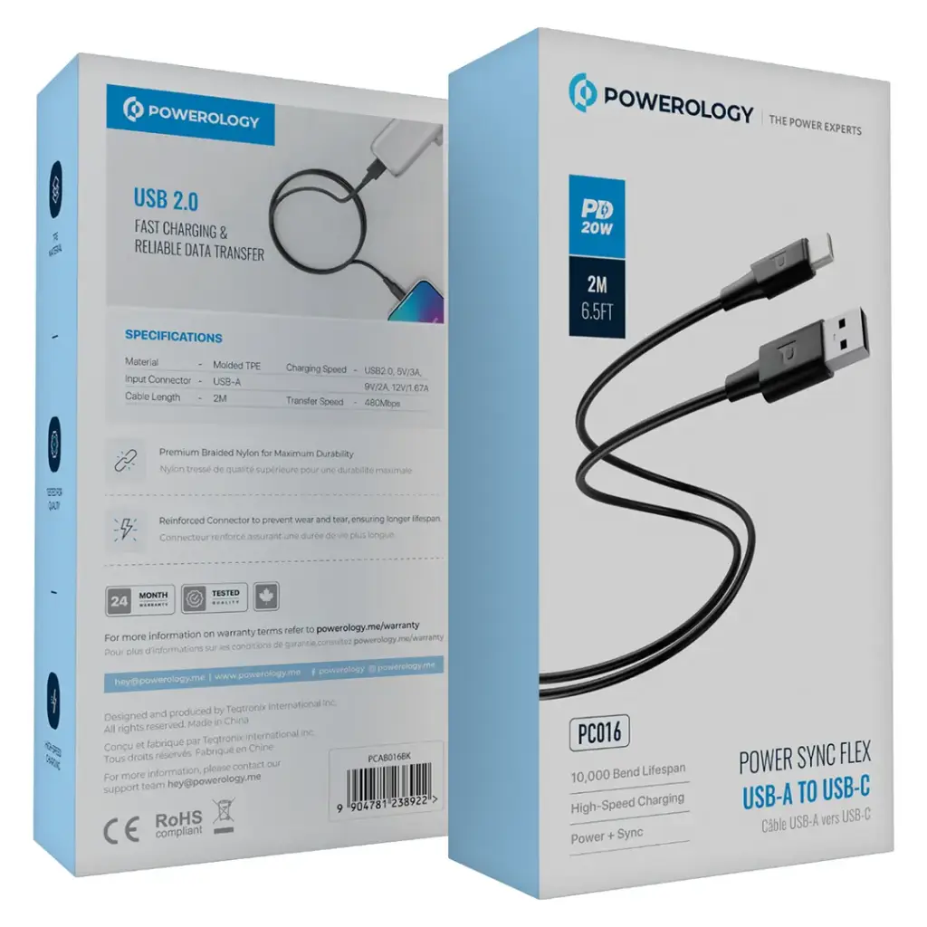 Powerology USB-A to USB-C TPE Jacket Over-Molded Cable 2 Meter - Black | كابل باوروجي 2 متر