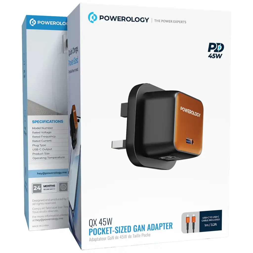 محول باورولوجي كيو إكس 45 واط غان المدمج مع كابل تايب سي | Powerology QX 45W Single Port GaN Adapter with C to C Cable