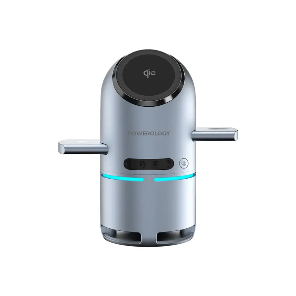 شاحن باورولوجي اللاسلكي 3 في 1 مع سماعة 15 واط - رمادي | Powerology 15W 3-in-1 MagSafe Wireless Charger with Speaker & Touch Button 1000mAh - Grey