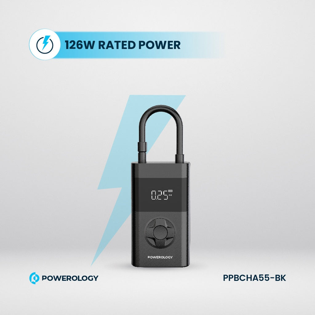 منفاخ هواء باورولوجي المحمول, بطارية بسعة 4000mAh, متعدد الوضائف مع باور بانك - اسود | Powerology 4000mAh 3C Mini Air Pump & Power Bank – Black.