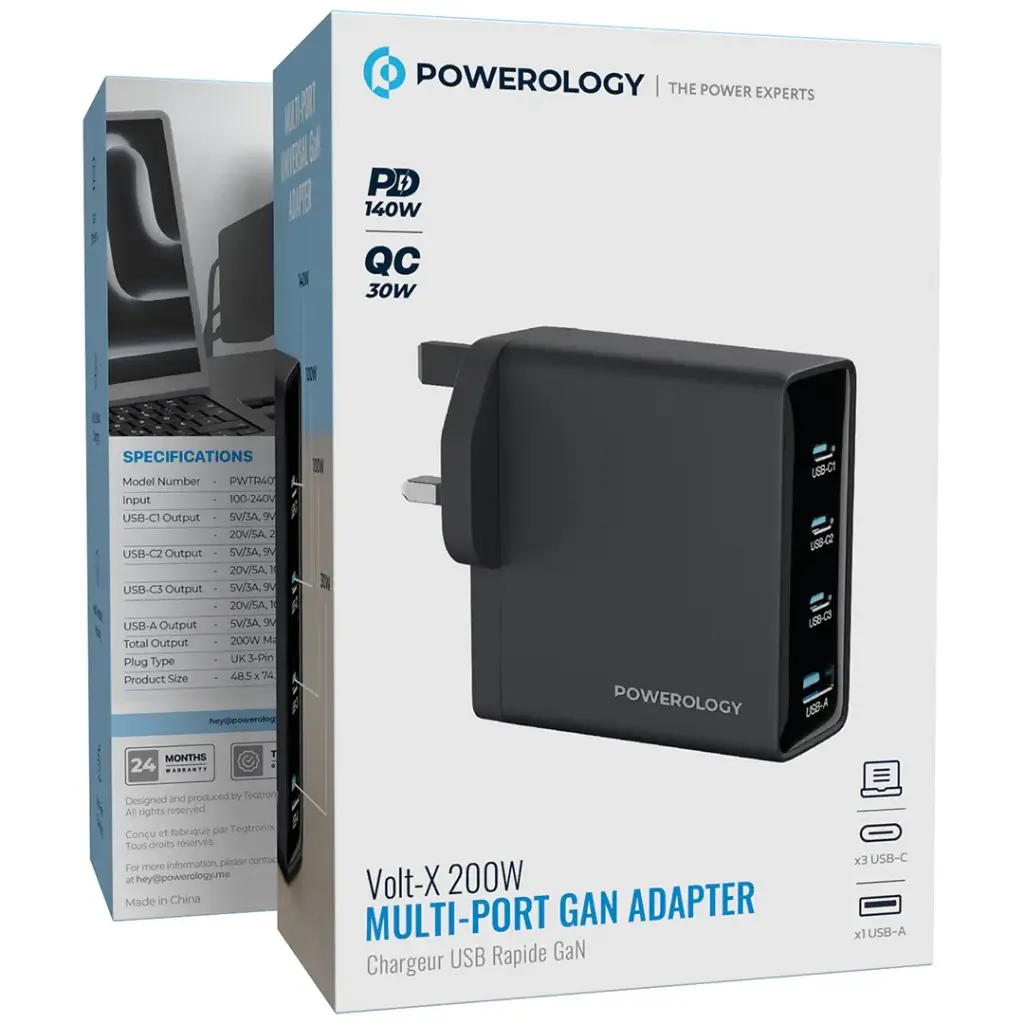 Powerology Volt-X 200W Multi-Port GaN Adapter - Black | شاحن GaN متعدد المنافذ 200W