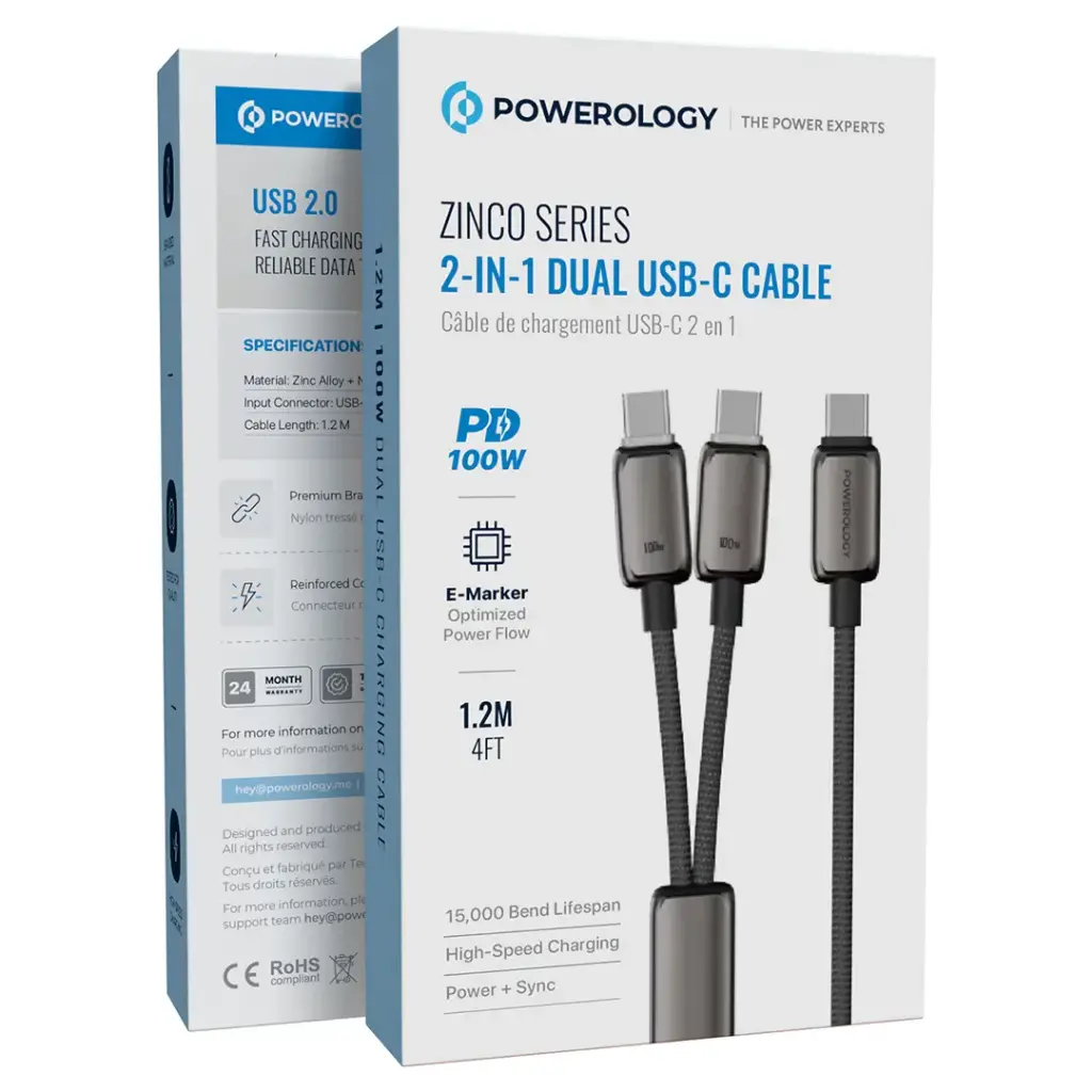 Powerology Zinco Series 2-In-1 Dual USB-C Cable - Dark Gray | كابل باورولوجي زينكو 2 في 1 مزدوج USB-C - رمادي غامق