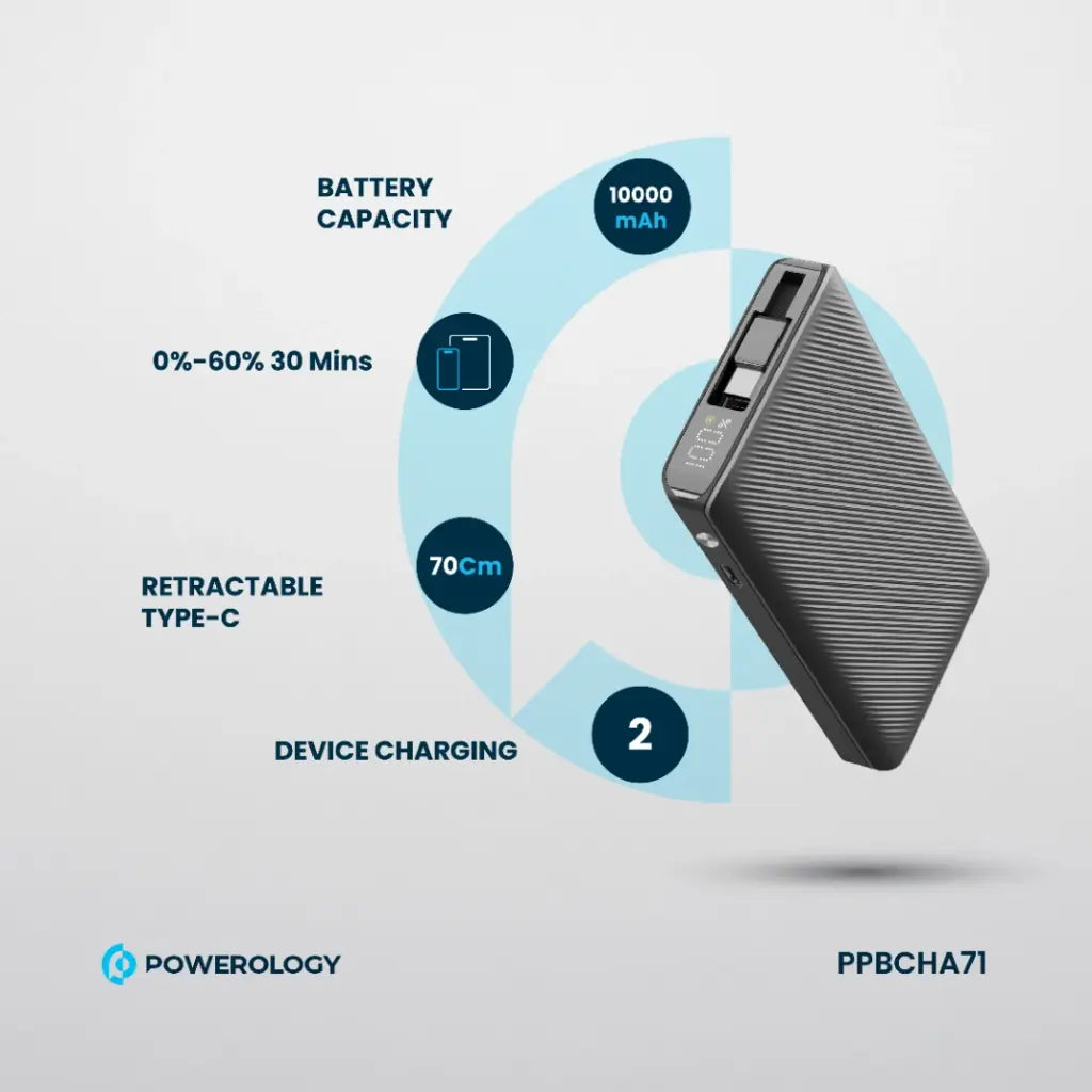 Powerology 10000mAh Retractable Cable Power Bank