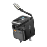 شاحن جداري 70 واط GaNFast بشاشة ذكية وكيبل USB-C مدمج قابل للسحب | Promate Cubix-R70 70W GaNFast Wall Charger with Retractable USB-C Cable - Black