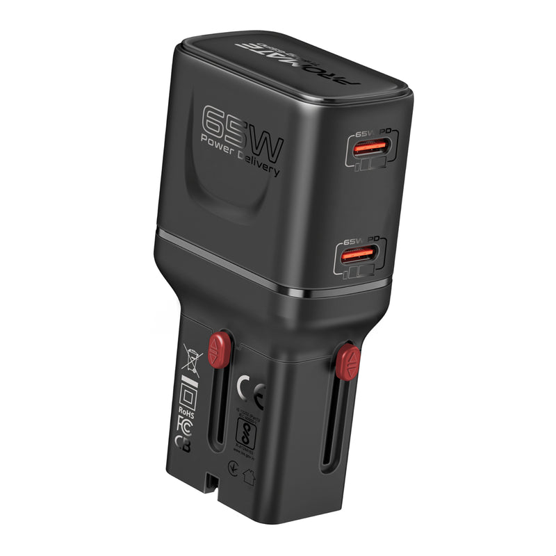Promate TriPlug-65PD شاحن سفر 65 واط بمنفذي USB-C وقوابس عالمية - صورة أمامية