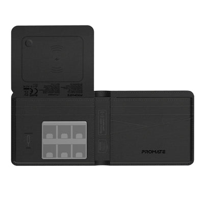 Promate ProWallet Black slim leather wallet with RFID protection and Apple Find My tracking