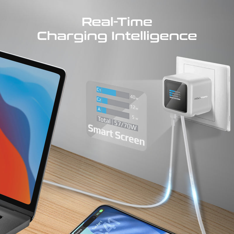 Promate Cubix-R70 شاحن 70 واط - أبيض - شاشة TFT 1.14 إنش تعرض بيانات الشحن