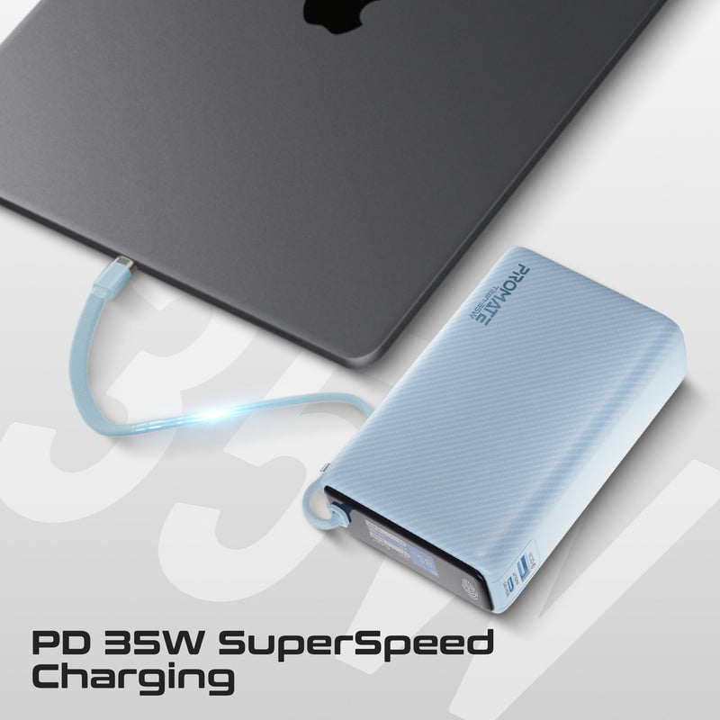 Promate Titan-35W Power Bank 20000mAh 35W TFT Screen Blue-Built-In Cable