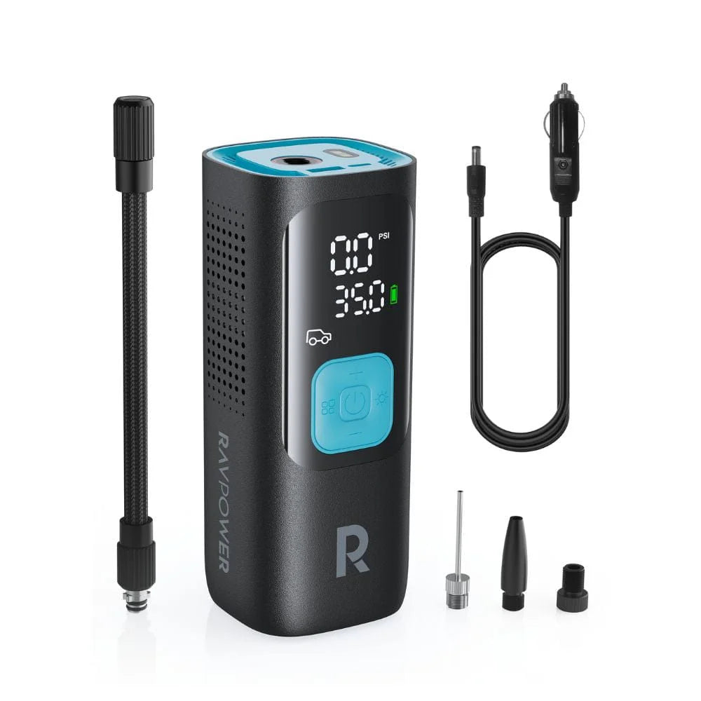 منفاخ هواء ذكي راف باور 3 في 1 مع باور بانك وكشاف LED - اسود | RAVPOWER PB1233 3-in-1 Smart Air Compressor with Power Bank & LED Flashlight – Black