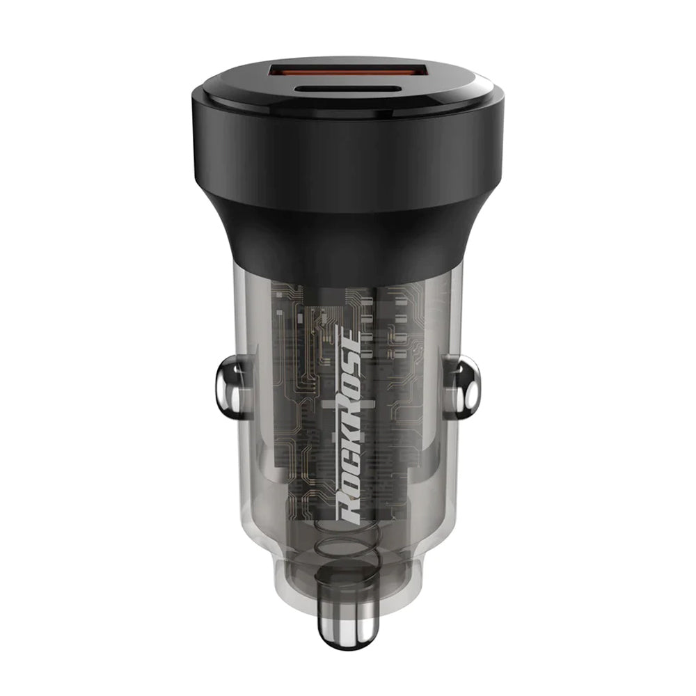 شاحن سيارة روك روز بمنفذي يو اس بي اي وتايب سي وبقدرة شحن 30 واط | Rockrose 30W PD & QC 3.0 Dual Port Car Charger